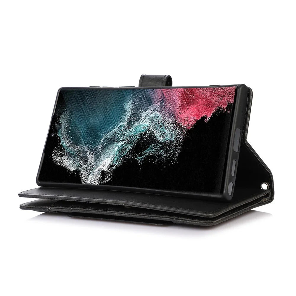 For Samsung Galaxy S22 Ultra 5G Wrist Strap Magnetic Clasp Anti-fall Protection Case Split Leather Stand Phone Cover with Multiple Card Slots - Black - 5
