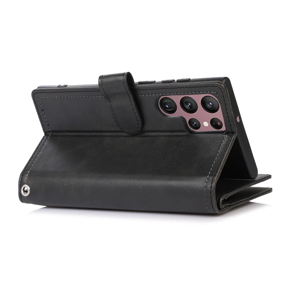For Samsung Galaxy S22 Ultra 5G Wrist Strap Magnetic Clasp Anti-fall Protection Case Split Leather Stand Phone Cover with Multiple Card Slots - Black - 6