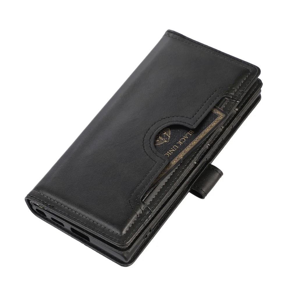 For Samsung Galaxy S22 Ultra 5G Wrist Strap Magnetic Clasp Anti-fall Protection Case Split Leather Stand Phone Cover with Multiple Card Slots - Black - 7