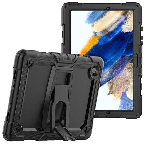For Samsung Galaxy Tab A8 10.5 (2021) / A8 10.5 (2022) X200 / X205 Kickstand Design Thickened PC + Silicone Drop-resistant Tablet Case Shell with Shoulder Strap - Black - 1