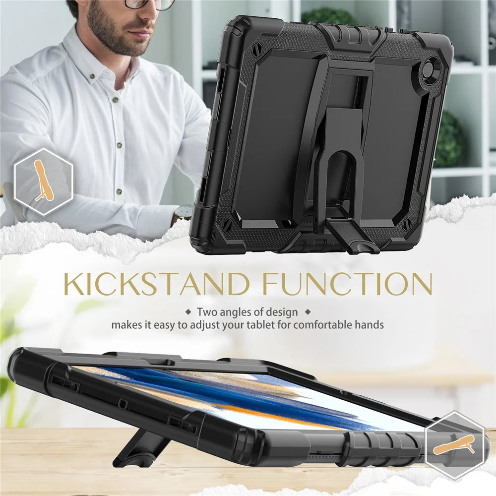 For Samsung Galaxy Tab A8 10.5 (2021) / A8 10.5 (2022) X200 / X205 Kickstand Design Thickened PC + Silicone Drop-resistant Tablet Case Shell with Shoulder Strap - Black - 4