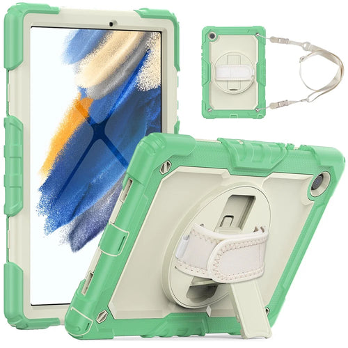 For Samsung Galaxy Tab A8 10.5 (2021) / (2022) Wi-Fi SM-X200 / LTE SM-X205 Well-protected PC + Silicone + PET Screen Protector Tablet Case Swivel Kickstand Hand Strap Cover with Shoulder Strap - Light Green - 1
