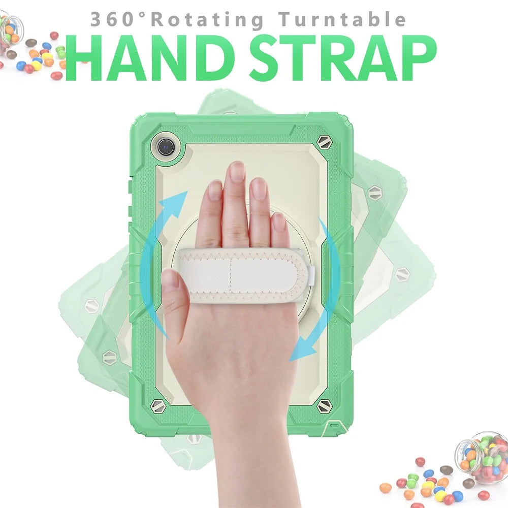 For Samsung Galaxy Tab A8 10.5 (2021) / (2022) Wi-Fi SM-X200 / LTE SM-X205 Well-protected PC + Silicone + PET Screen Protector Tablet Case Swivel Kickstand Hand Strap Cover with Shoulder Strap - Light Green - 2