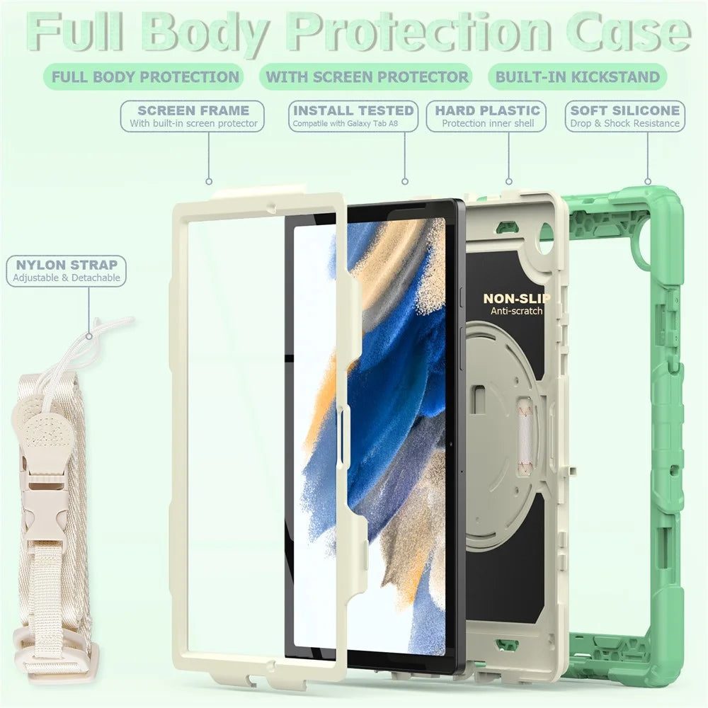 For Samsung Galaxy Tab A8 10.5 (2021) / (2022) Wi-Fi SM-X200 / LTE SM-X205 Well-protected PC + Silicone + PET Screen Protector Tablet Case Swivel Kickstand Hand Strap Cover with Shoulder Strap - Light Green - 3