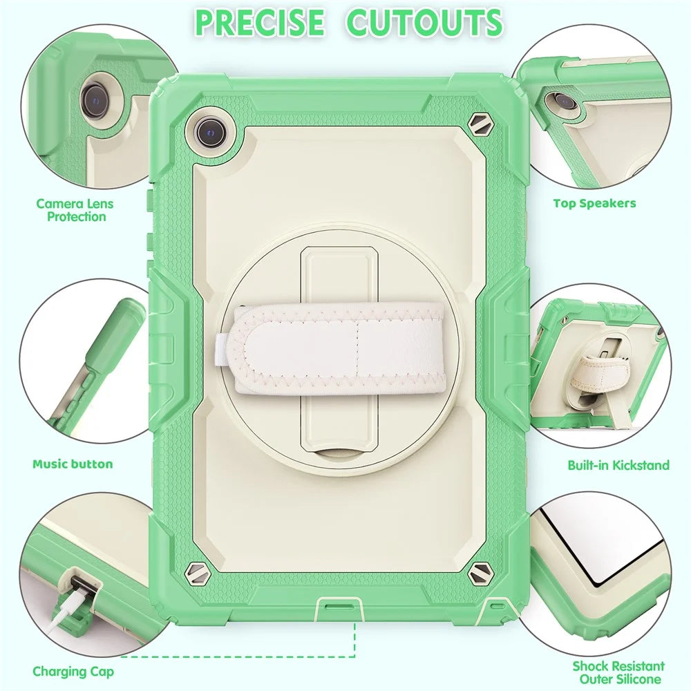 For Samsung Galaxy Tab A8 10.5 (2021) / (2022) Wi-Fi SM-X200 / LTE SM-X205 Well-protected PC + Silicone + PET Screen Protector Tablet Case Swivel Kickstand Hand Strap Cover with Shoulder Strap - Light Green - 4