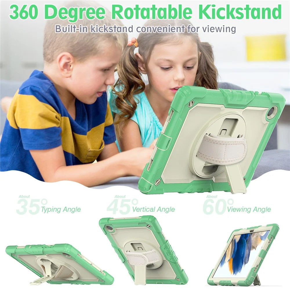 For Samsung Galaxy Tab A8 10.5 (2021) / (2022) Wi-Fi SM-X200 / LTE SM-X205 Well-protected PC + Silicone + PET Screen Protector Tablet Case Swivel Kickstand Hand Strap Cover with Shoulder Strap - Light Green - 5