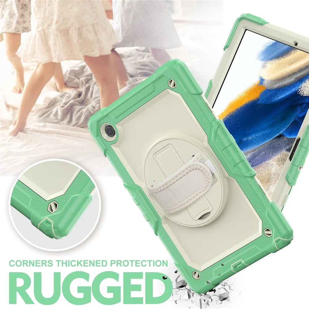 For Samsung Galaxy Tab A8 10.5 (2021) / (2022) Wi-Fi SM-X200 / LTE SM-X205 Well-protected PC + Silicone + PET Screen Protector Tablet Case Swivel Kickstand Hand Strap Cover with Shoulder Strap - Light Green - 6