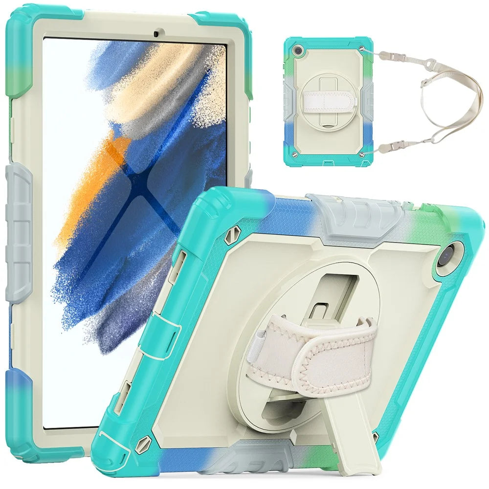 For Samsung Galaxy Tab A8 10.5 (2021) / (2022) Wi-Fi SM-X200 / LTE SM-X205 Hard PC + Soft Silicone + PET Screen Protector Case Swivel Kickstand Hand Strap Cover with Shoulder Strap - Camouflage Baby Blue - 1