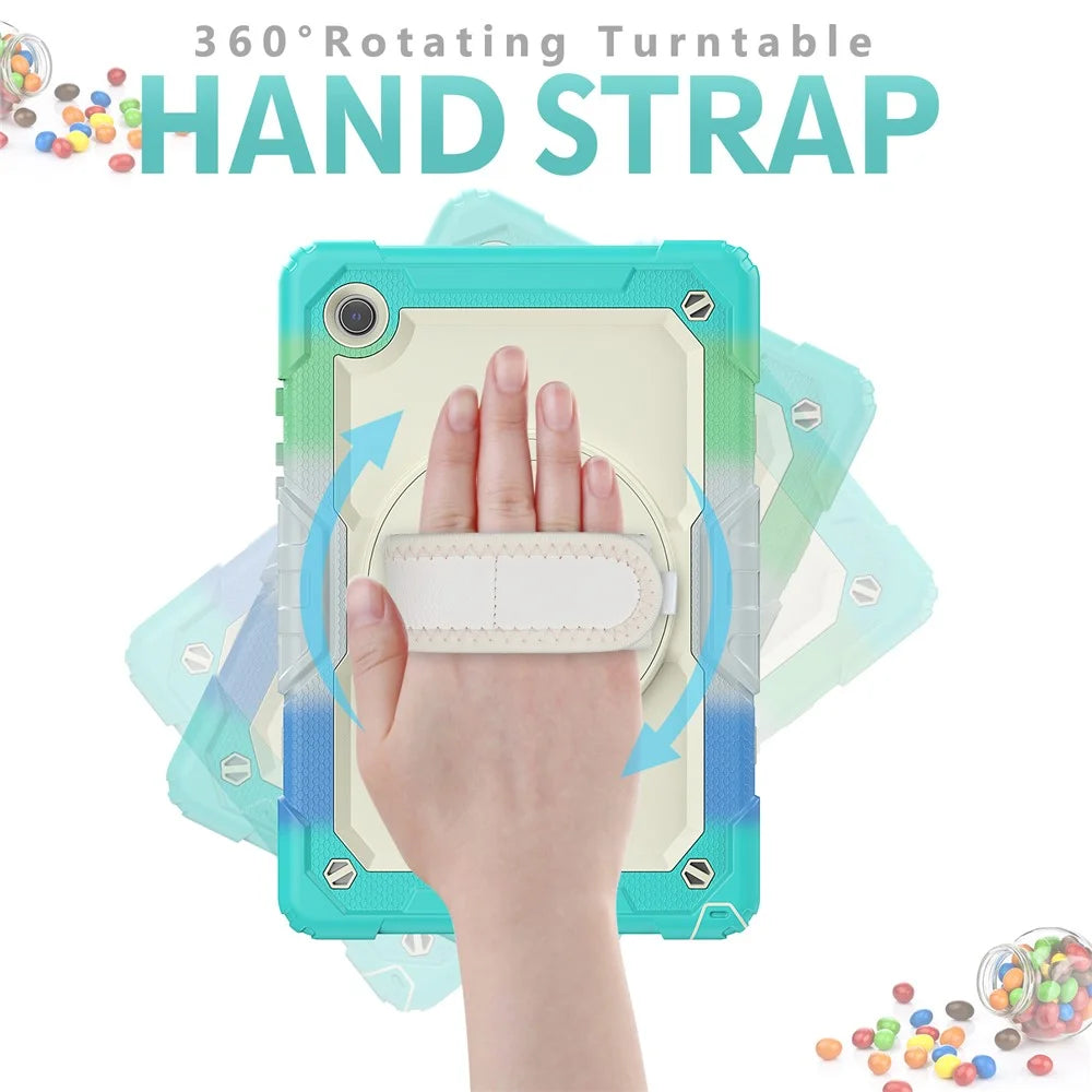 For Samsung Galaxy Tab A8 10.5 (2021) / (2022) Wi-Fi SM-X200 / LTE SM-X205 Hard PC + Soft Silicone + PET Screen Protector Case Swivel Kickstand Hand Strap Cover with Shoulder Strap - Camouflage Baby Blue - 2
