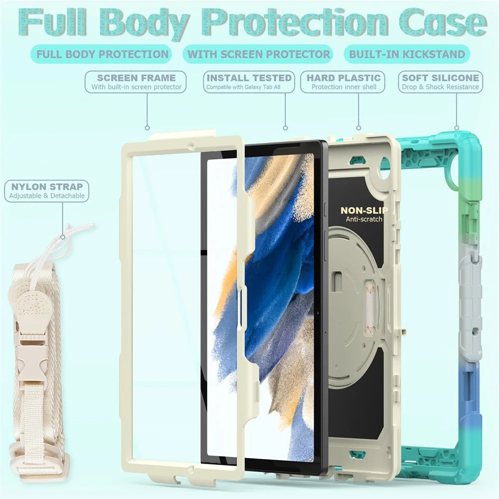 For Samsung Galaxy Tab A8 10.5 (2021) / (2022) Wi-Fi SM-X200 / LTE SM-X205 Hard PC + Soft Silicone + PET Screen Protector Case Swivel Kickstand Hand Strap Cover with Shoulder Strap - Camouflage Baby Blue - 3