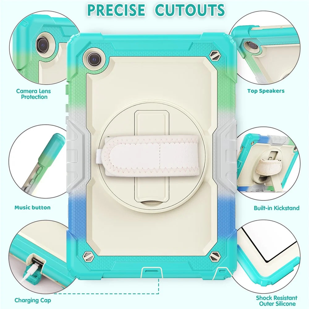 For Samsung Galaxy Tab A8 10.5 (2021) / (2022) Wi-Fi SM-X200 / LTE SM-X205 Hard PC + Soft Silicone + PET Screen Protector Case Swivel Kickstand Hand Strap Cover with Shoulder Strap - Camouflage Baby Blue - 4