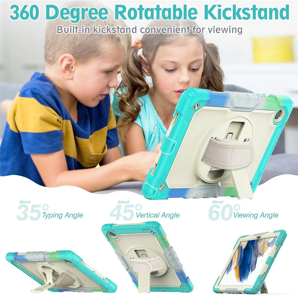 For Samsung Galaxy Tab A8 10.5 (2021) / (2022) Wi-Fi SM-X200 / LTE SM-X205 Hard PC + Soft Silicone + PET Screen Protector Case Swivel Kickstand Hand Strap Cover with Shoulder Strap - Camouflage Baby Blue - 5