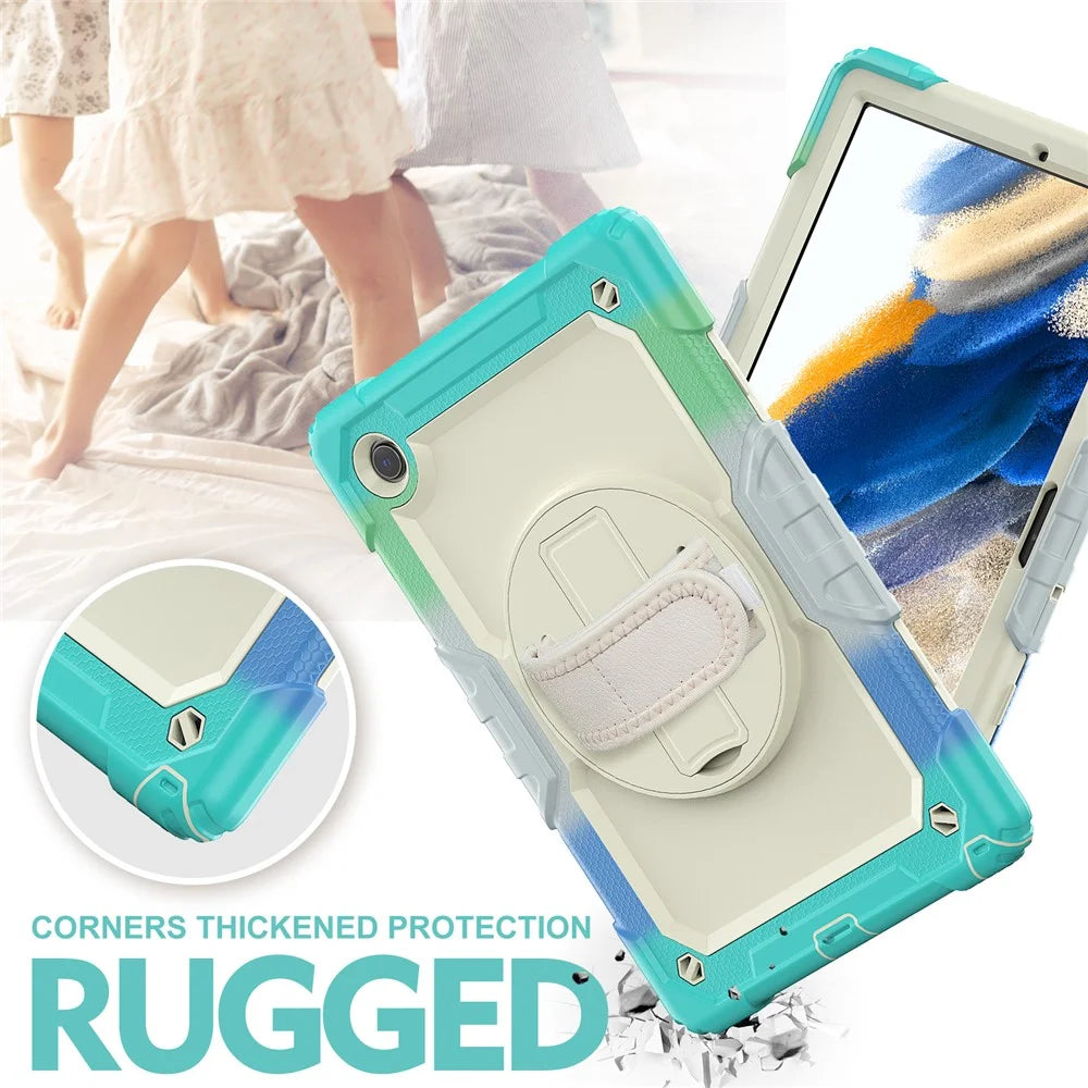 For Samsung Galaxy Tab A8 10.5 (2021) / (2022) Wi-Fi SM-X200 / LTE SM-X205 Hard PC + Soft Silicone + PET Screen Protector Case Swivel Kickstand Hand Strap Cover with Shoulder Strap - Camouflage Baby Blue - 6