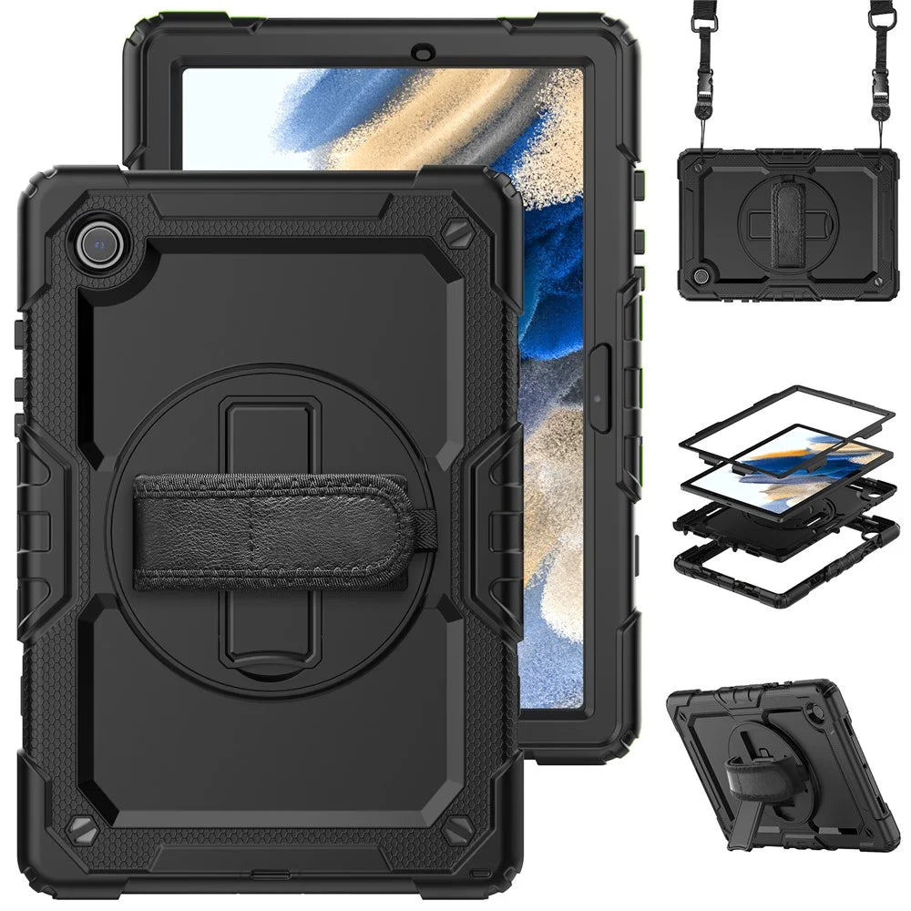 For Samsung Galaxy Tab A8 10.5 (2021) / (2022) Wi-Fi SM-X200 / LTE SM-X205 Hard PC Soft Silicone Case with PET Screen Protector Swivel Kickstand Shockproof Cover with Hand / Shoulder Strap - Black / Black - 1