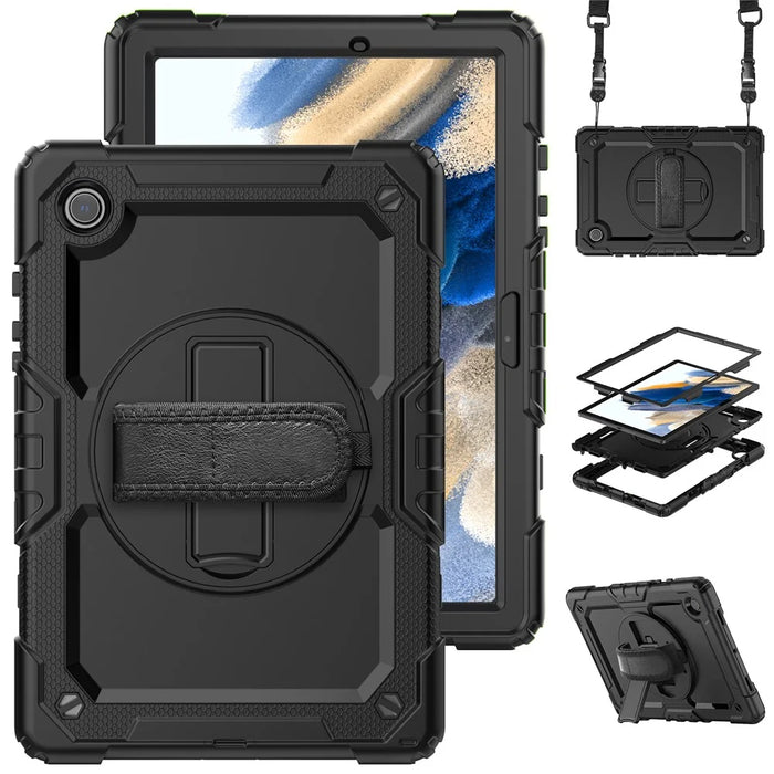 For Samsung Galaxy Tab A8 10.5 (2021) / (2022) Wi-Fi SM-X200 / LTE SM-X205 Hard PC Soft Silicone Case with PET Screen Protector Swivel Kickstand Shockproof Cover with Hand / Shoulder Strap - Black / Black - 1