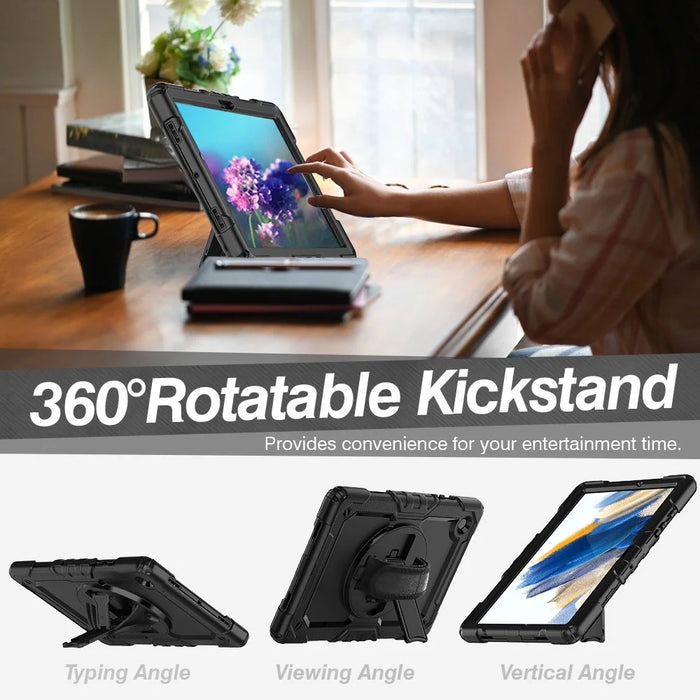 For Samsung Galaxy Tab A8 10.5 (2021) / (2022) Wi-Fi SM-X200 / LTE SM-X205 Hard PC Soft Silicone Case with PET Screen Protector Swivel Kickstand Shockproof Cover with Hand / Shoulder Strap - Black / Black - 2