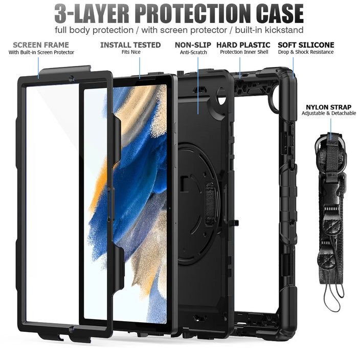 For Samsung Galaxy Tab A8 10.5 (2021) / (2022) Wi-Fi SM-X200 / LTE SM-X205 Hard PC Soft Silicone Case with PET Screen Protector Swivel Kickstand Shockproof Cover with Hand / Shoulder Strap - Black / Black - 3