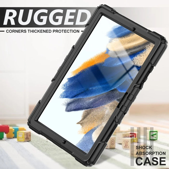 For Samsung Galaxy Tab A8 10.5 (2021) / (2022) Wi-Fi SM-X200 / LTE SM-X205 Hard PC Soft Silicone Case with PET Screen Protector Swivel Kickstand Shockproof Cover with Hand / Shoulder Strap - Black / Black - 4