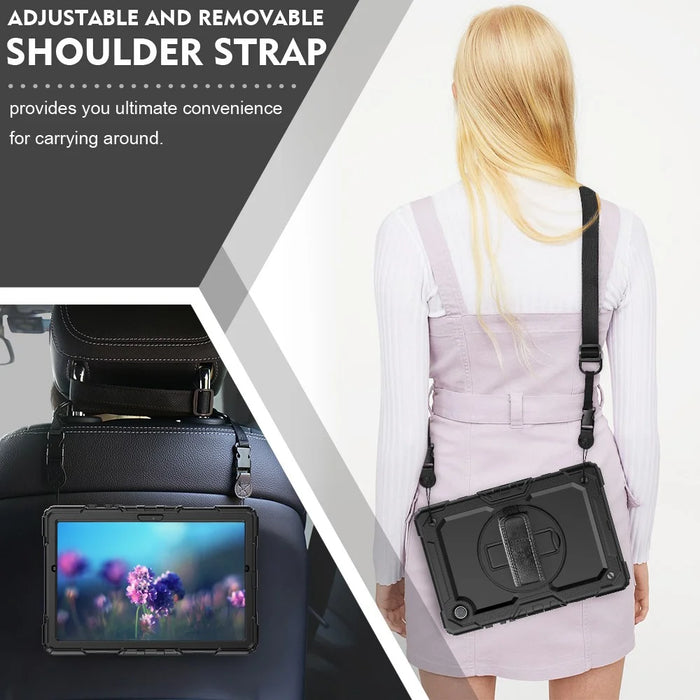 For Samsung Galaxy Tab A8 10.5 (2021) / (2022) Wi-Fi SM-X200 / LTE SM-X205 Hard PC Soft Silicone Case with PET Screen Protector Swivel Kickstand Shockproof Cover with Hand / Shoulder Strap - Black / Black - 6