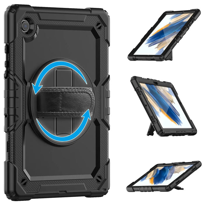 For Samsung Galaxy Tab A8 10.5 (2021) / (2022) Wi-Fi SM-X200 / LTE SM-X205 Hard PC Soft Silicone Case with PET Screen Protector Swivel Kickstand Shockproof Cover with Hand / Shoulder Strap - Black / Black - 7