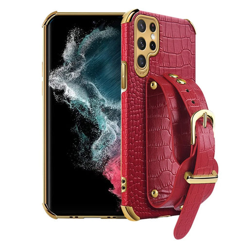 For Samsung Galaxy S22 Ultra 5G Crocodile Texture 6D Electroplating Precise Cutout PU Leather Coated TPU Flexible Phone Case - Red - 1