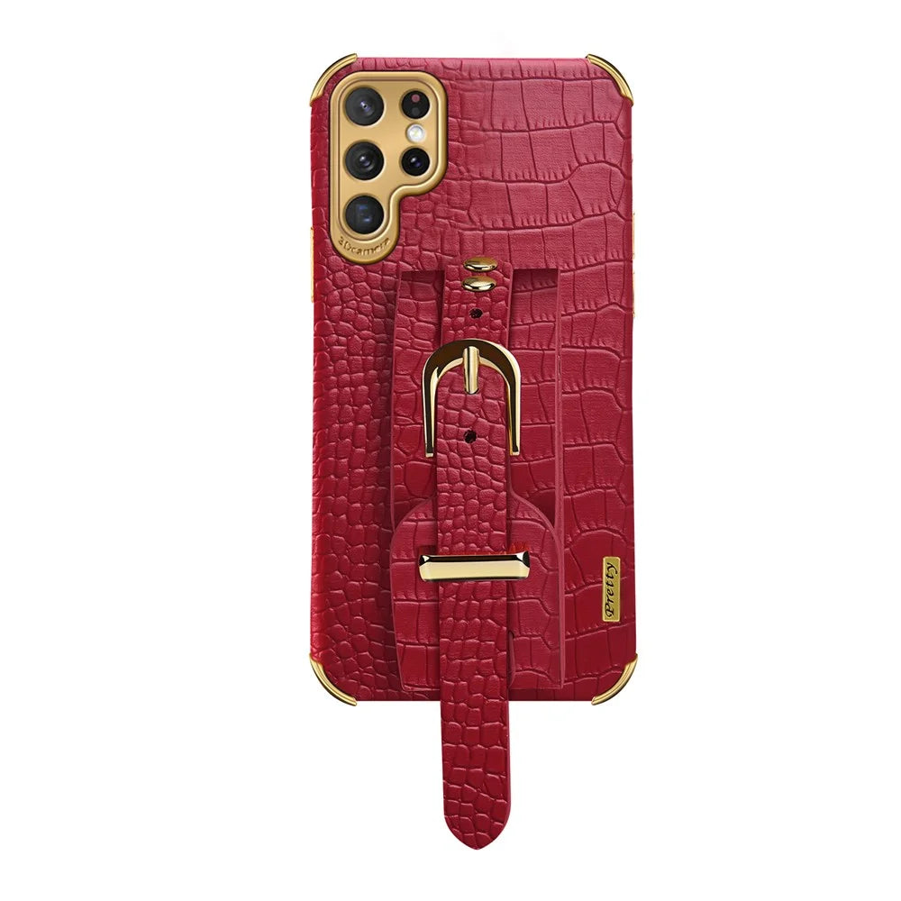For Samsung Galaxy S22 Ultra 5G Crocodile Texture 6D Electroplating Precise Cutout PU Leather Coated TPU Flexible Phone Case - Red - 2