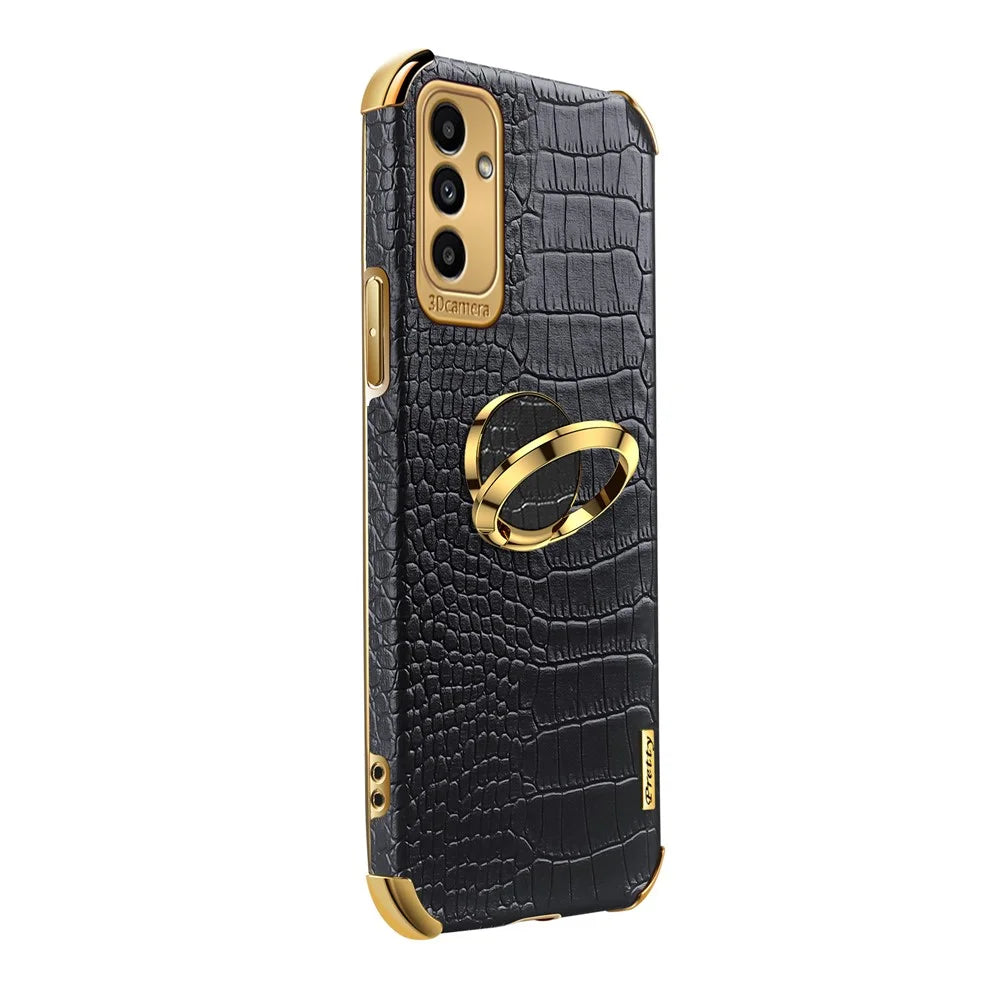 6D Electroplated Crocodile Texture Phone Case for Samsung Galaxy A13 5G / A04s 4G (164.7mm), Ring Kickstand PU Leather Coated TPU Cover - Black - 3