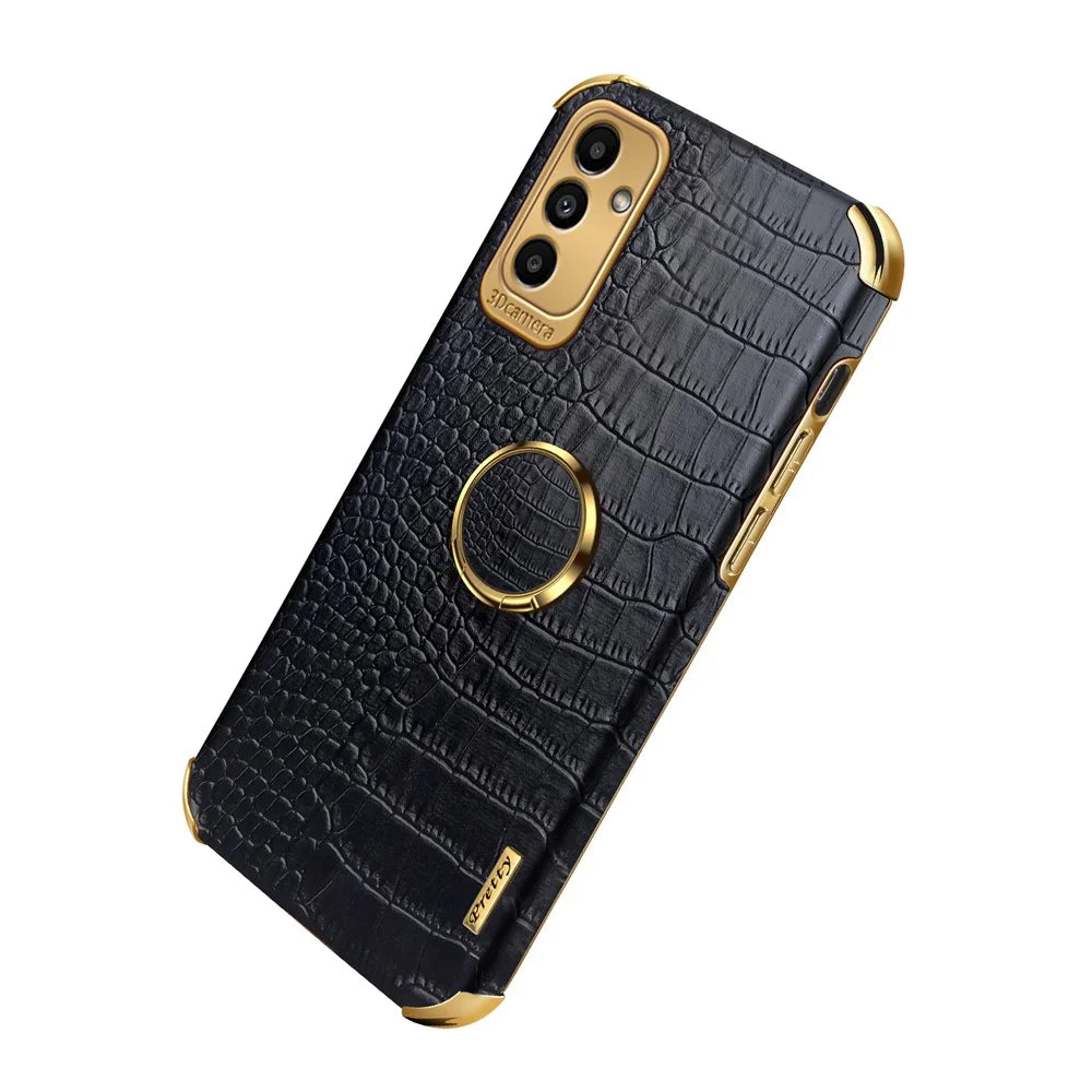 6D Electroplated Crocodile Texture Phone Case for Samsung Galaxy A13 5G / A04s 4G (164.7mm), Ring Kickstand PU Leather Coated TPU Cover - Black - 5
