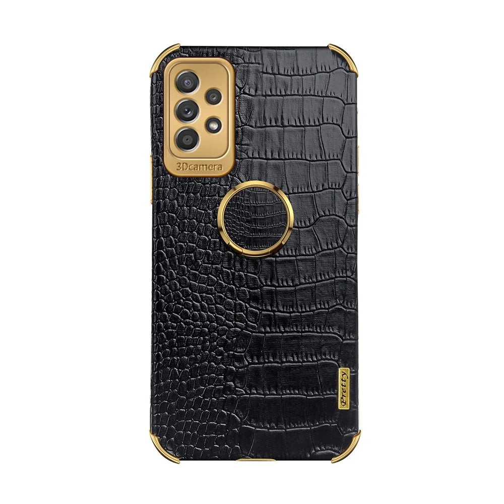 Crocodile Texture PU Leather Coated TPU Case for Samsung Galaxy A33 5G, 6D Electroplated Phone Cover with Ring Kickstand - Black - 2