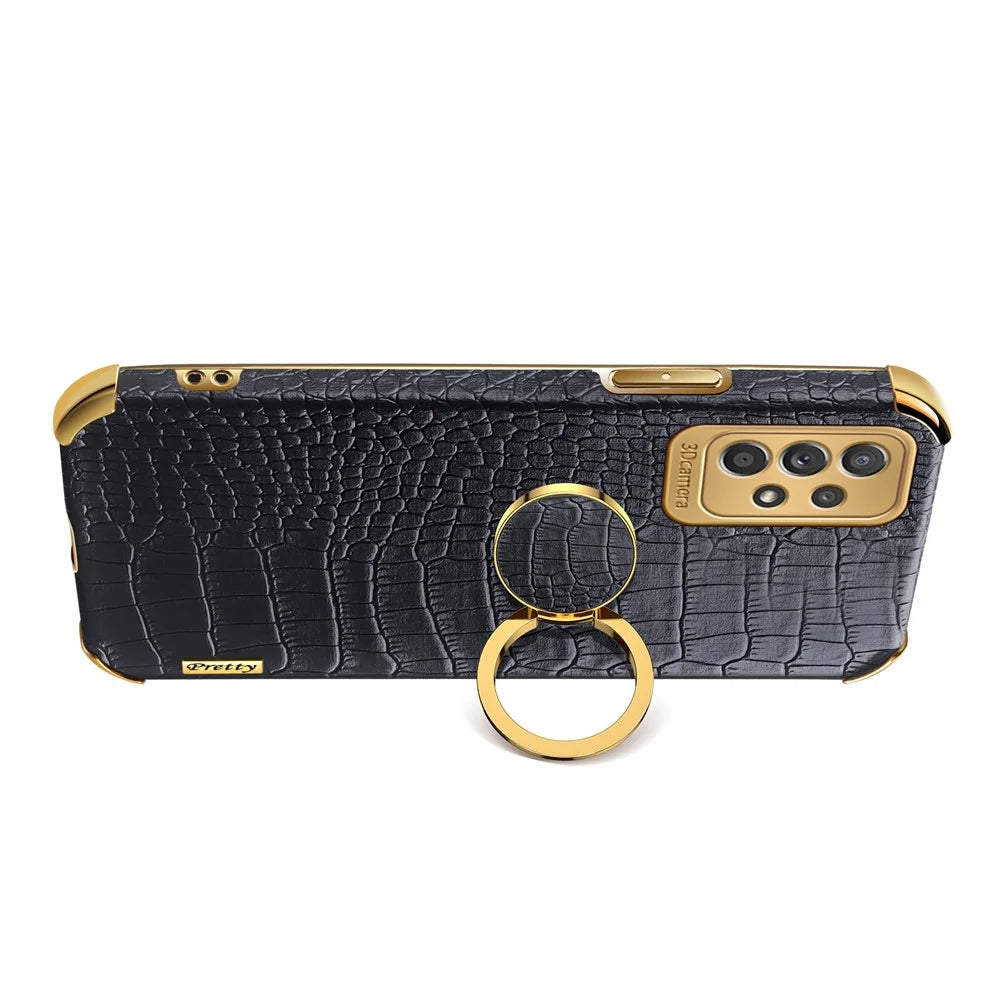 Crocodile Texture PU Leather Coated TPU Case for Samsung Galaxy A33 5G, 6D Electroplated Phone Cover with Ring Kickstand - Black - 4