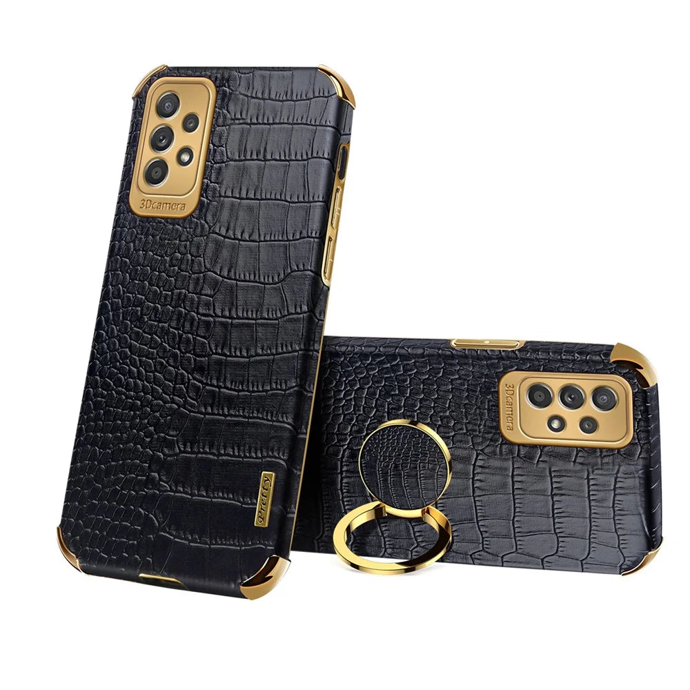 For Samsung Galaxy A53 5G 6D Electroplated Finger Ring Kickstand Case Crocodile Texture Anti-drop Stylish Leather Coated TPU Phone Case - Black - 1