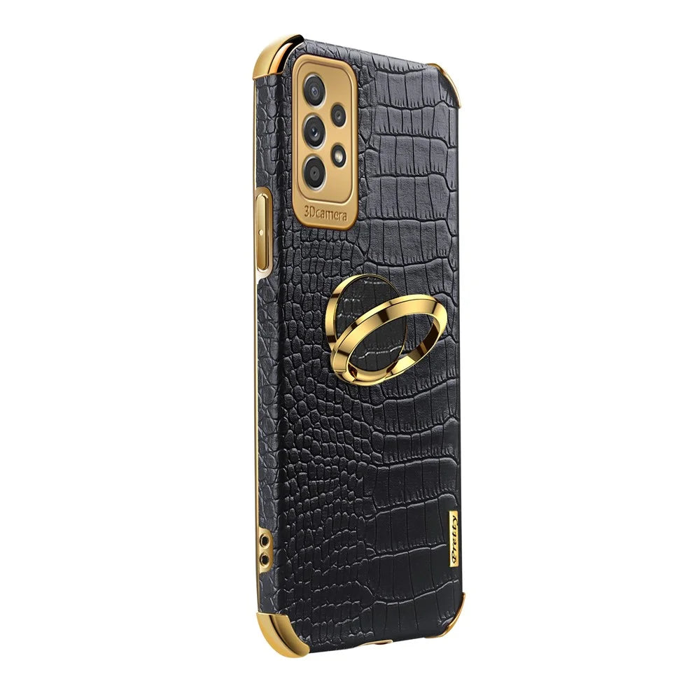 For Samsung Galaxy A53 5G 6D Electroplated Finger Ring Kickstand Case Crocodile Texture Anti-drop Stylish Leather Coated TPU Phone Case - Black - 3