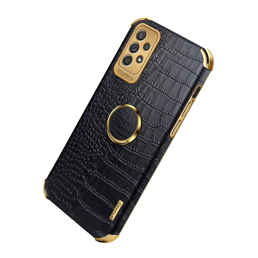 For Samsung Galaxy A53 5G 6D Electroplated Finger Ring Kickstand Case Crocodile Texture Anti-drop Stylish Leather Coated TPU Phone Case - Black - 5