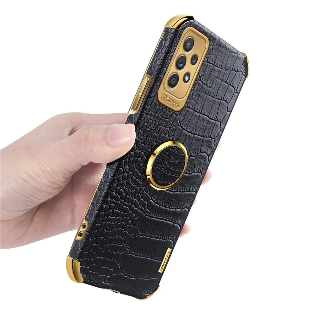 For Samsung Galaxy A53 5G 6D Electroplated Finger Ring Kickstand Case Crocodile Texture Anti-drop Stylish Leather Coated TPU Phone Case - Black - 6