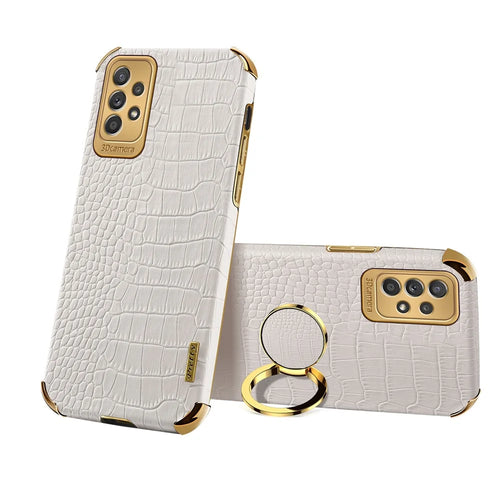 For Samsung Galaxy A73 5G 6D Electroplated Crocodile Texture Case Rotating Finger Ring Kickstand Leather Coated TPU Phone Shell Case - White - 1