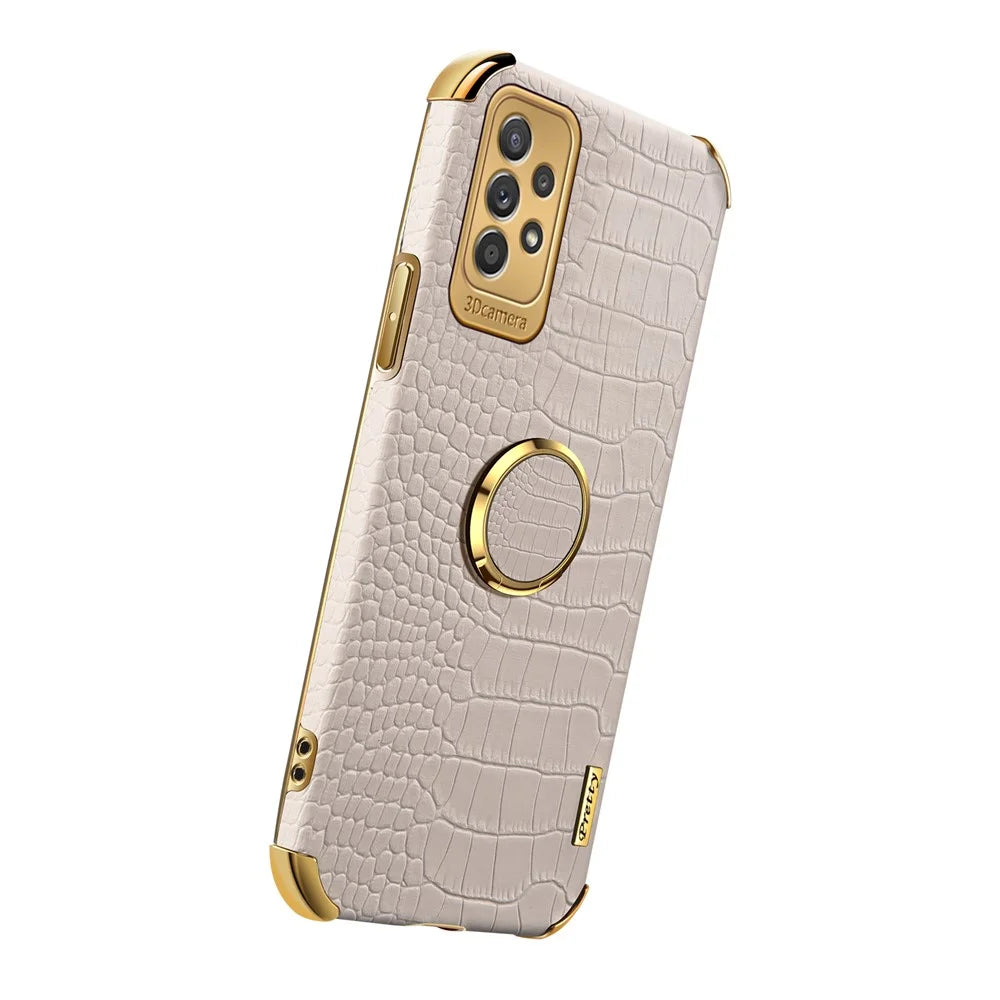 For Samsung Galaxy A73 5G 6D Electroplated Crocodile Texture Case Rotating Finger Ring Kickstand Leather Coated TPU Phone Shell Case - White - 2