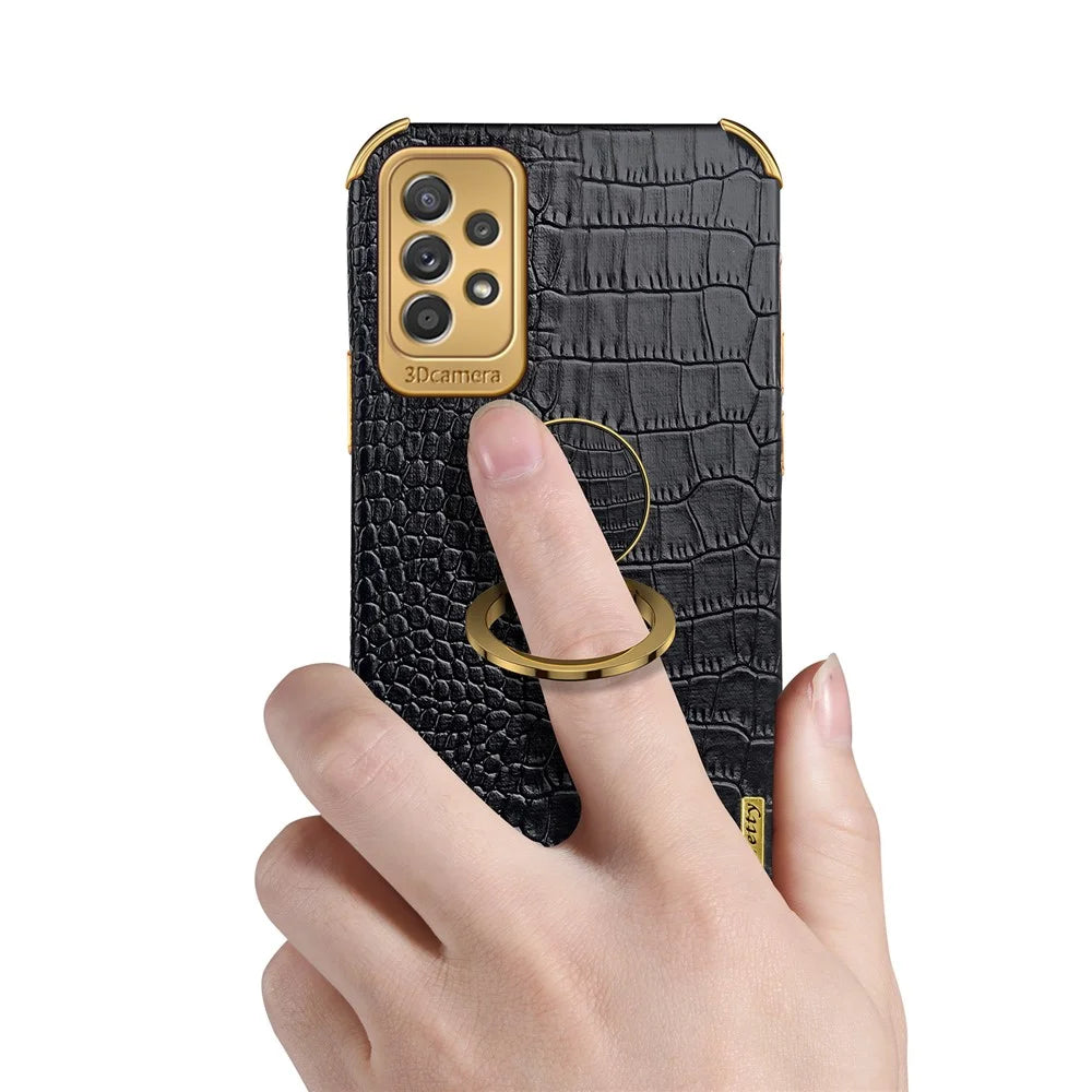 For Samsung Galaxy A73 5G 6D Electroplated Crocodile Texture Case Rotating Finger Ring Kickstand Leather Coated TPU Phone Shell Case - White - 6