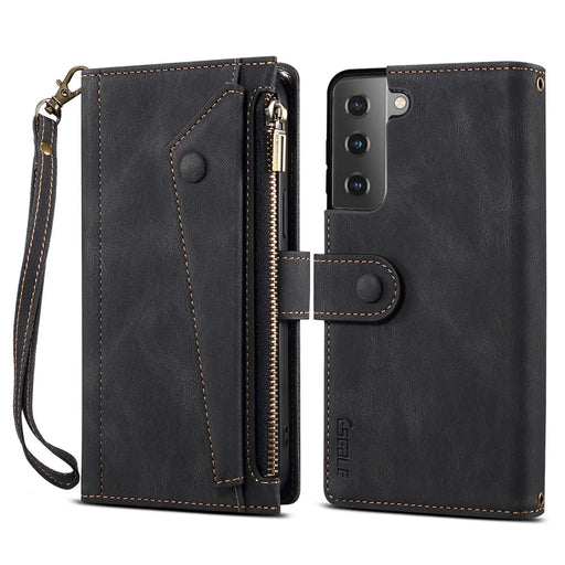 ESEBLE For Samsung Galaxy S21 FE 5G Phone Cover Zipper Pocket Adjustable Stand Wallet Multi-functional Cell Phone Case - Black - 1