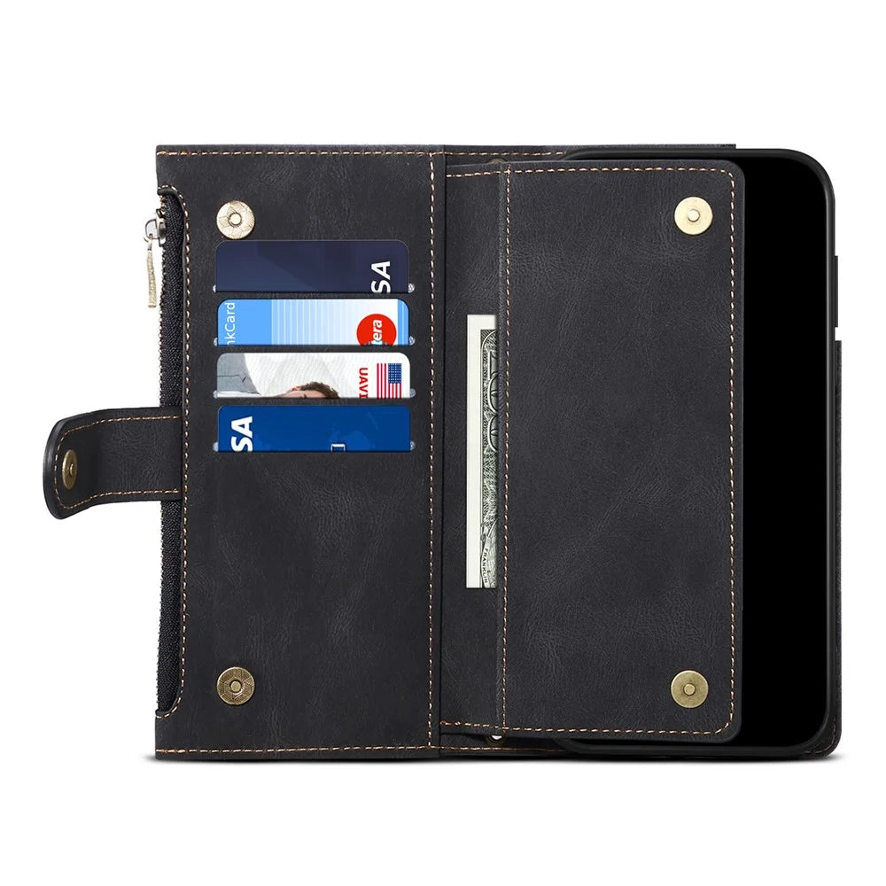 ESEBLE For Samsung Galaxy S21 FE 5G Phone Cover Zipper Pocket Adjustable Stand Wallet Multi-functional Cell Phone Case - Black - 4