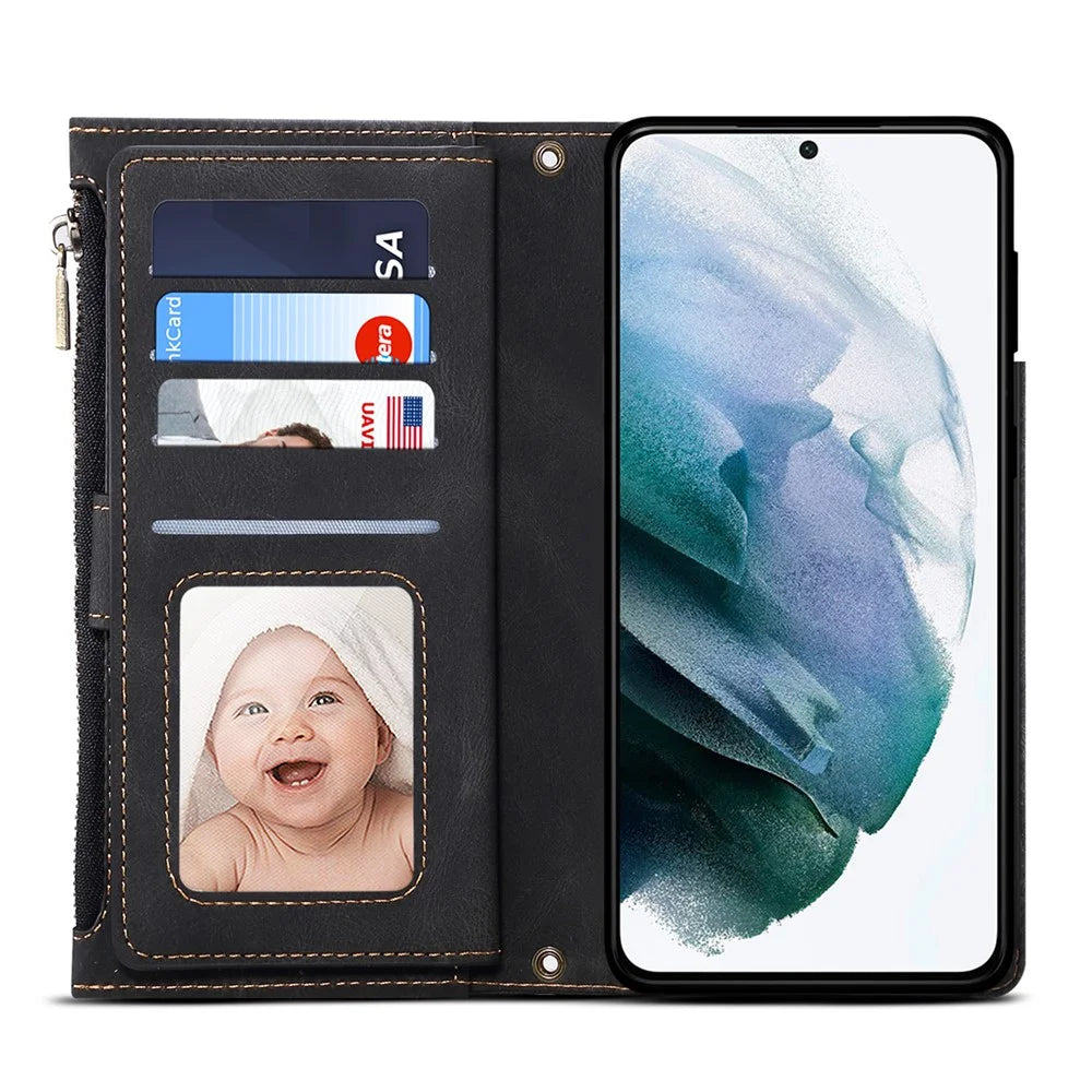 ESEBLE For Samsung Galaxy S21 FE 5G Phone Cover Zipper Pocket Adjustable Stand Wallet Multi-functional Cell Phone Case - Black - 5
