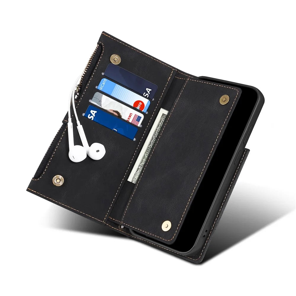 ESEBLE For Samsung Galaxy S21 FE 5G Phone Cover Zipper Pocket Adjustable Stand Wallet Multi-functional Cell Phone Case - Black - 7
