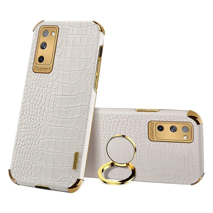 For Samsung Galaxy S20 FE 2022/S20 FE/S20 FE 5G/S20 Lite Crocodile Texture 6D Electroplated PU Leather Coated TPU Phone Case Cover with Ring Kickstand - White - 1