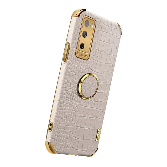 For Samsung Galaxy S20 FE 2022/S20 FE/S20 FE 5G/S20 Lite Crocodile Texture 6D Electroplated PU Leather Coated TPU Phone Case Cover with Ring Kickstand - White - 2