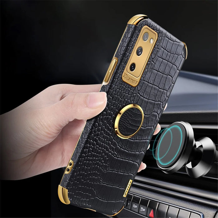 For Samsung Galaxy S20 FE 2022/S20 FE/S20 FE 5G/S20 Lite Crocodile Texture 6D Electroplated PU Leather Coated TPU Phone Case Cover with Ring Kickstand - White - 4