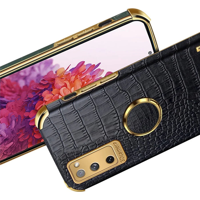 For Samsung Galaxy S20 FE 2022/S20 FE/S20 FE 5G/S20 Lite Crocodile Texture 6D Electroplated PU Leather Coated TPU Phone Case Cover with Ring Kickstand - White - 6