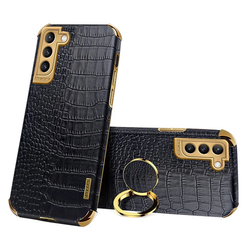 For Samsung Galaxy S21 FE 5G Crocodile Texture 6D Electroplated Kickstand Phone Case PU Leather Coated TPU Cover - Black - 1