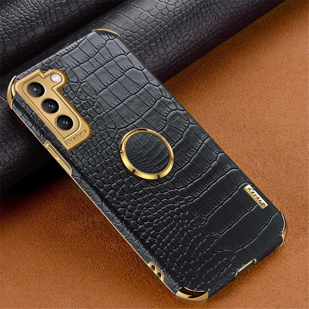 For Samsung Galaxy S21 FE 5G Crocodile Texture 6D Electroplated Kickstand Phone Case PU Leather Coated TPU Cover - Black - 2