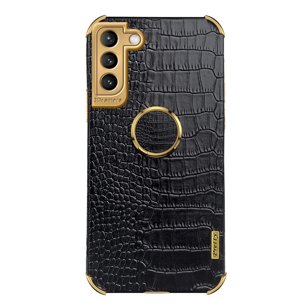 For Samsung Galaxy S21 FE 5G Crocodile Texture 6D Electroplated Kickstand Phone Case PU Leather Coated TPU Cover - Black - 4