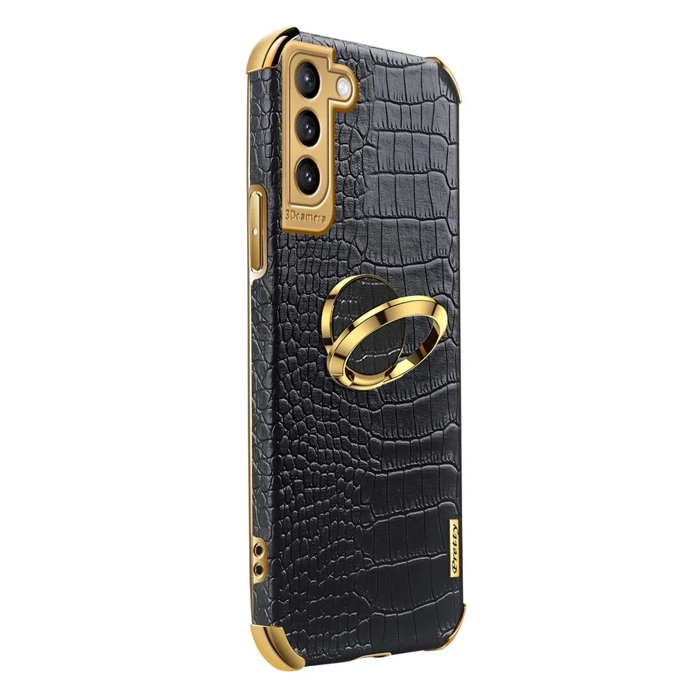 For Samsung Galaxy S21 FE 5G Crocodile Texture 6D Electroplated Kickstand Phone Case PU Leather Coated TPU Cover - Black - 5