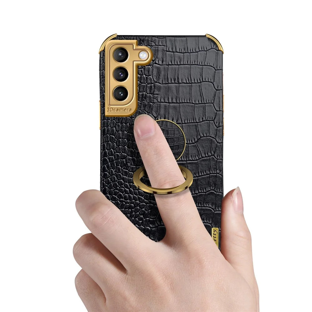 For Samsung Galaxy S21 FE 5G Crocodile Texture 6D Electroplated Kickstand Phone Case PU Leather Coated TPU Cover - Black - 7
